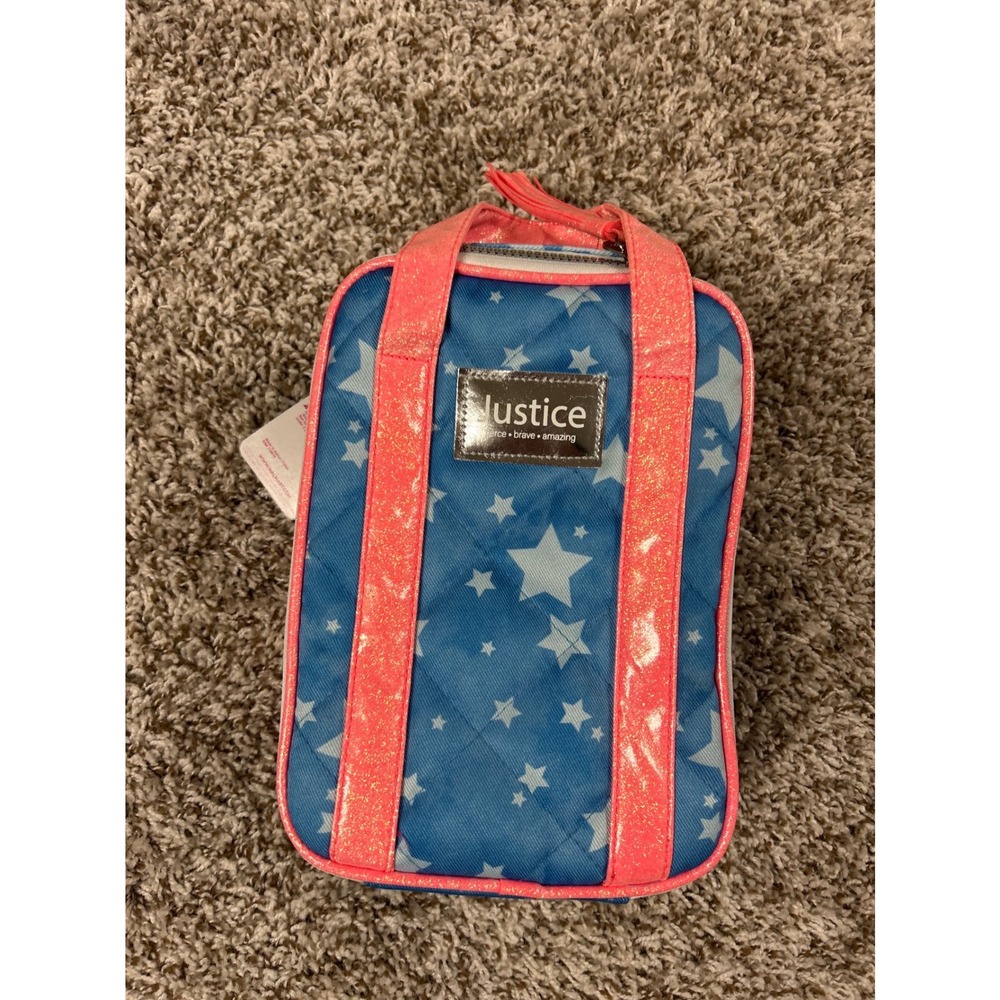 Justice Girls Blue Star Print Insulated Lunch Bag Pink Glitter Trim NWT
